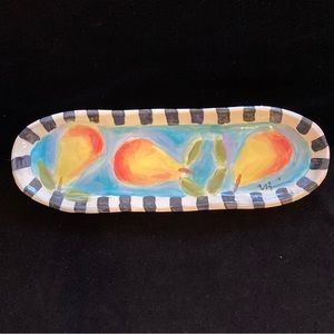 Handmade Ceramic Serving Tray Yellow Pears On Aqua Original Design 15”x5”